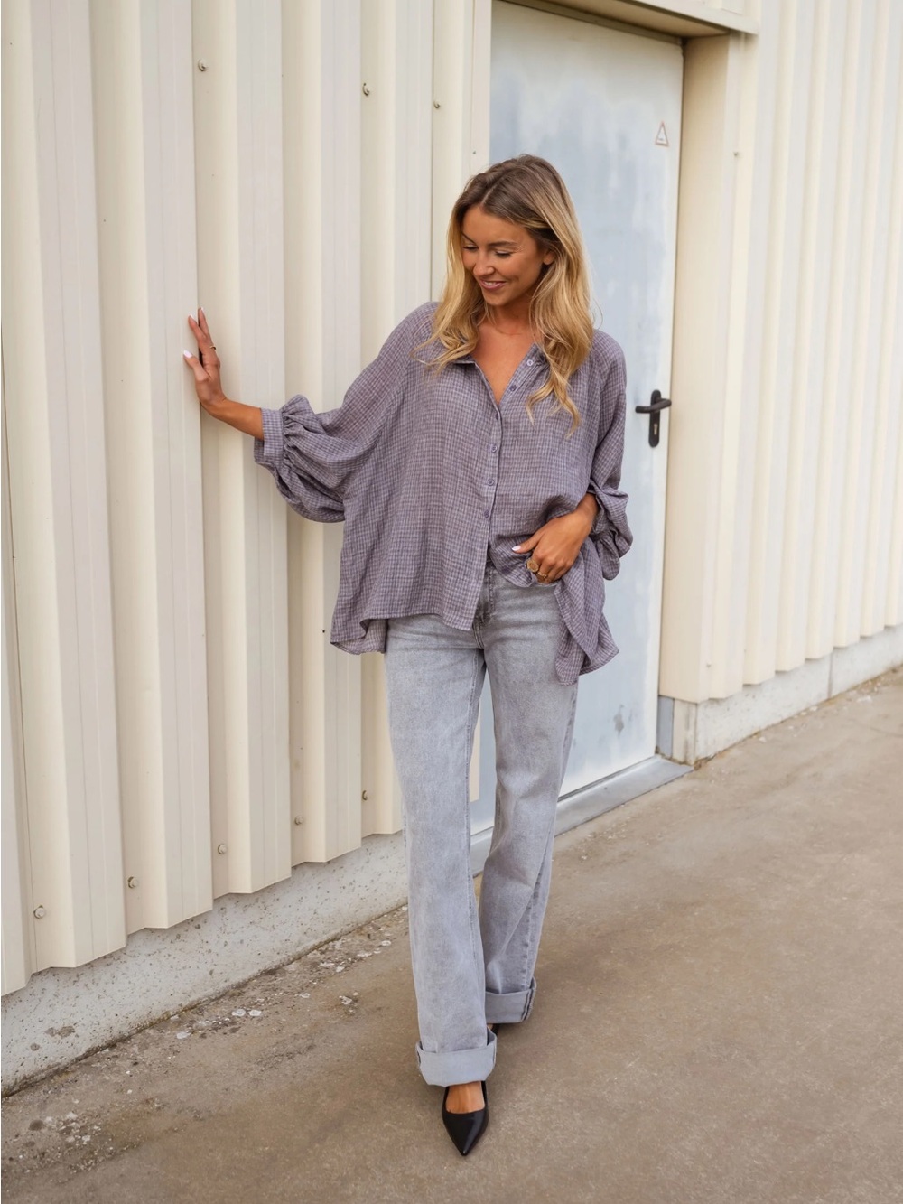 Relaxed Gray Plaid Button-Front Tunic with Ruffle Neck